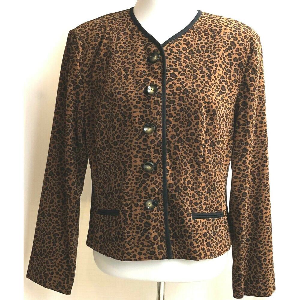 Sag Harbor Top Women Size 14 Brown Animal Print Stretch Jacket Career Workwear